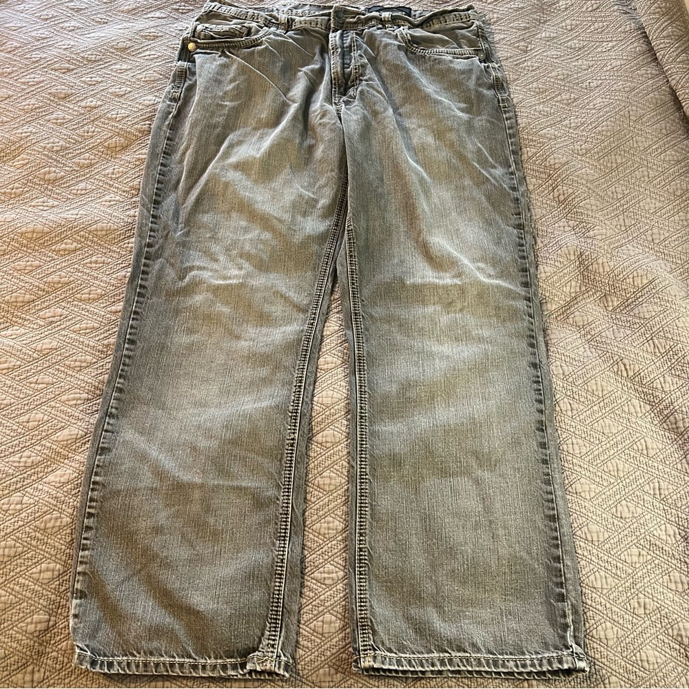 TK Axel Relaxed Straight Jeans Men 38x32 Gray Black Embroidered Pockets Cotton